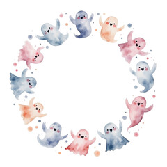 Obraz premium playful watercolor ghosts in a circular arrangement with pastel colors creating a whimsical atmosphere for halloween decoration or children's parties
