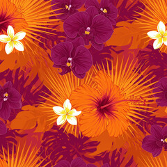 Naklejka premium Tropical flower wallpaper, green, red, white, and yellow rhythms, hibiscus, orchids, palm leaves, and a seamless pattern, nature, tropical climate, summer mood