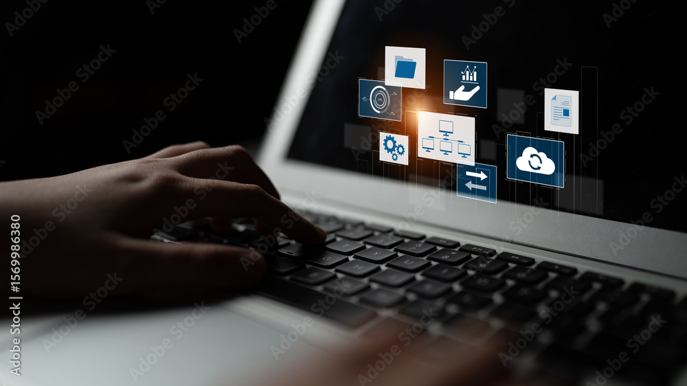 Poster digital business infrastructure with data system, analytics, sync. system management improves access