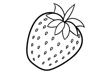 Simple Line Art Depiction of a Strawberry with Seeds and Green Stalk Leaves