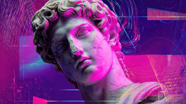 Roman marble bust illuminated by glowing neon pink and purple lights - Powered by Adobe