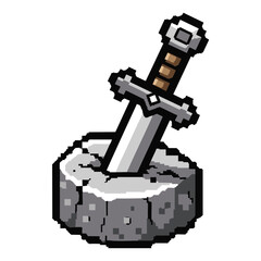 Pixel Art Sword in Stone: Game Asset, Medieval Weapon Graphic