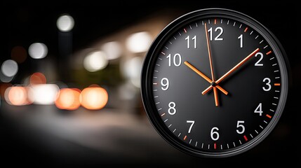 Floating in air, a futuristic clock emits neon lights against an abstract cityscape at night, with a blurred holographic display enhancing the sense of modernity and intrigue.