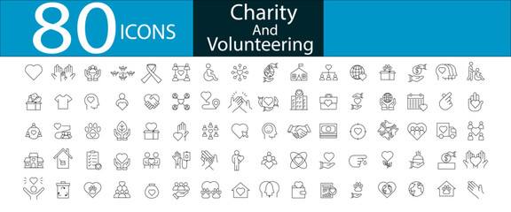 Volunteering and charity web icons in line style. Donate, donor, love, care, help, support, collection. Vector illustration. Line editable stroke