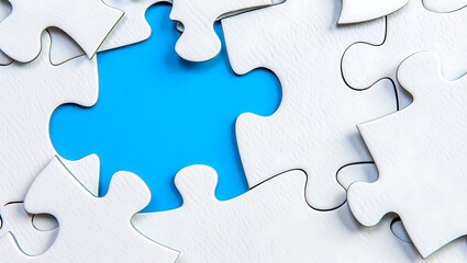 Fototapeta premium Missing Piece Puzzle White Jigsaw Pieces on Blue Background