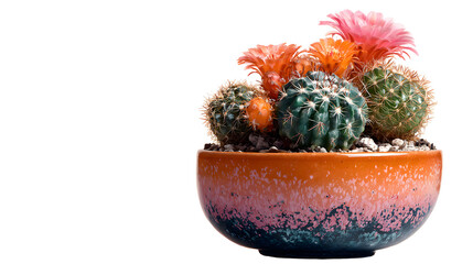 A small orange and blue bowl with a cactus plant 