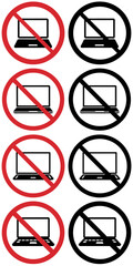 Set of no laptops allowed signs with prohibition symbol on transparent background