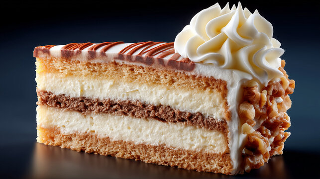 Layered cake in cream colors with chocolate and nuts