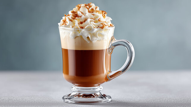 Coffee mug with whipped cream in glass mug in white and brown colors for festive season - Powered by Adobe