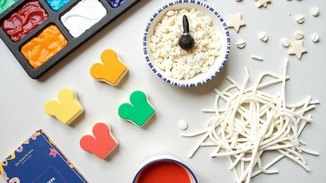 A vibrant setup displays various crafting materials like colorful paints, playful shapes, and textured elements, inviting creators to engage in imaginative projects.