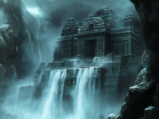 Ancient Indian Temple with Waterfalls and Fog Dark Fantasy Art