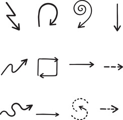 Collection of hand drawn black arrows in various styles including zigzag curved spiral square dashed and straight pointing in different directions