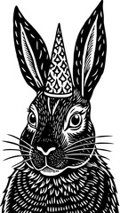 Rabbit wearing a birthday hat in a monochrome illustration  