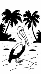 Pelican standing on sandy beach with palm trees in tropical setting  