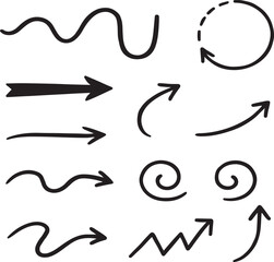 Obraz premium Collection of hand drawn black arrows and wavy lines on a white background representing direction and movement in a simple graphic style
