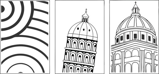 Minimalist Black and White Line Art Featuring Abstract Circles the Leaning Tower of Pisa and a Dome Building Suitable for Wall Art or Graphic Design