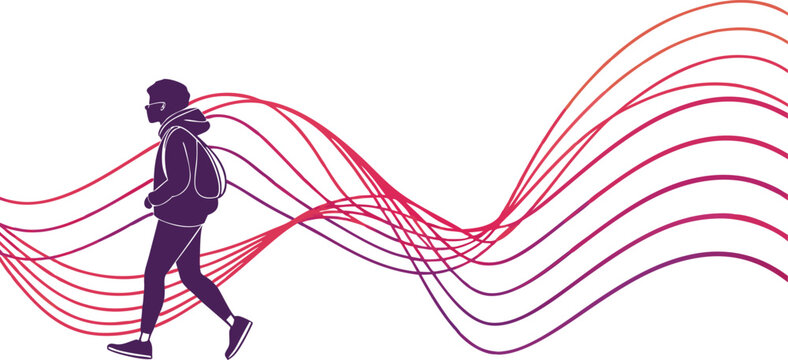 Silhouette of a young person walking with a backpack against a backdrop of abstract colorful flowing lines creating a modern and dynamic visual concept on