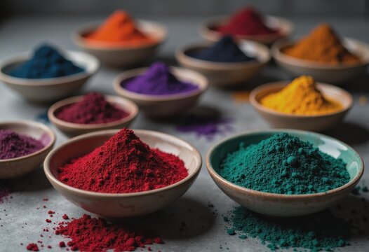 Levitating natural dyes and pigments in vibrant colors displayed in bowls