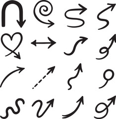 Collection of diverse hand drawn black arrows and symbols on a white background representing direction and movement