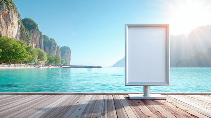a blank, solid-white rectangular advertising billboard with a matte silver frame, standing firmly on a smooth wooden coastal boardwalk, with soft summer breeze, crystal-clear turquoise waters
