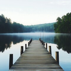 Obraz premium Wooden dock with fishing rods over calm reflective lake morning high resolution picture