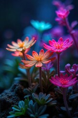 Fototapeta premium Thriving Bioluminescent Flora in a Futuristic Hydroponic Setting Vibrant Glowing Plants Under Artificial Light