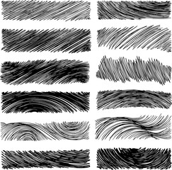 A collection of hand-drawn vector grunge textures. Square shapes filled with dense hatching and sketchy lines, adding dynamic detail and visual interest to artistic backgrounds and overlays.