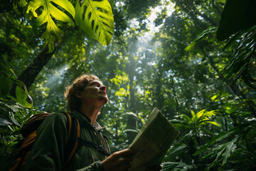 Explorer Reading Map in Dense Green Jungle