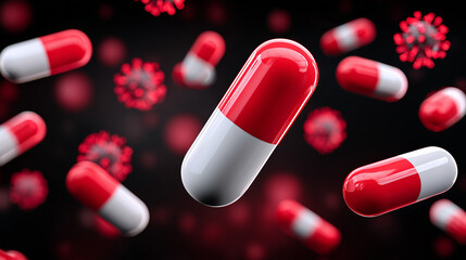 Pharmaceutical Capsules with Virus Cells in Background. Antiviral Medicine Concept. Capsules Fighting Infection. 3D Render of Antibiotics or Antiviral Drugs in Action