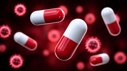 Pharmaceutical Capsules with Virus Cells in Background. Antiviral Medicine Concept. Capsules Fighting Infection. 3D Render of Antibiotics or Antiviral Drugs in Action