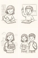 School illustration set – children reading, boy raising hand with 3+2=5