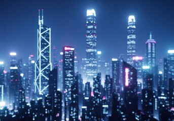 Fototapeta premium Cyberpunk Cityscape Illuminated. Dynamic metropolis view at dusk, showcasing dazzling neon glow and abstract bokeh. This image symbolizes advanced technology and global connectivity.