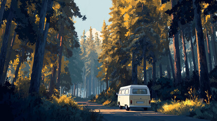 Obraz premium Flat camper van driving through forest landscape