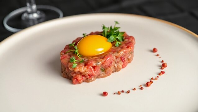 fine dining dish raw meat dish microgreens garnish buffalo tartare gourmet meat food plating bison tartare raw buffalo meat modern cuisine
