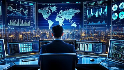 Data analysis in a modern command center  A businessman observes multiple screens displaying global data and financial charts against a city skyline - Powered by Adobe