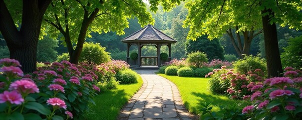 Tranquil Garden Path Leading to Gazebo Sunlight Dapples Lush Foliage and Vibrant Flowers