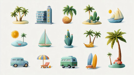 Obraz premium Travel destination icons pack with tropical theme