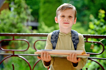 Caucasian boy carrying stack of books