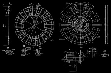 Clutch disc of car wheel.
Engineering automotive mechanical drawing of steel 
device. Industrial cad scheme on paper sheet. 
Technology design of machine building industry. 
Machined template.