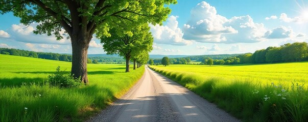 Winding Country Road Through Lush Green Fields and Towering Trees on a Sunny Summer Day Perfect for Travel and Nature Photography