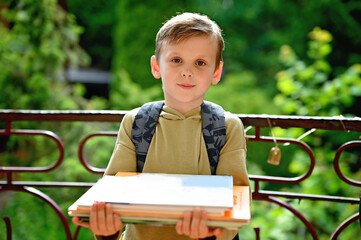 Caucasian boy carrying stack of books