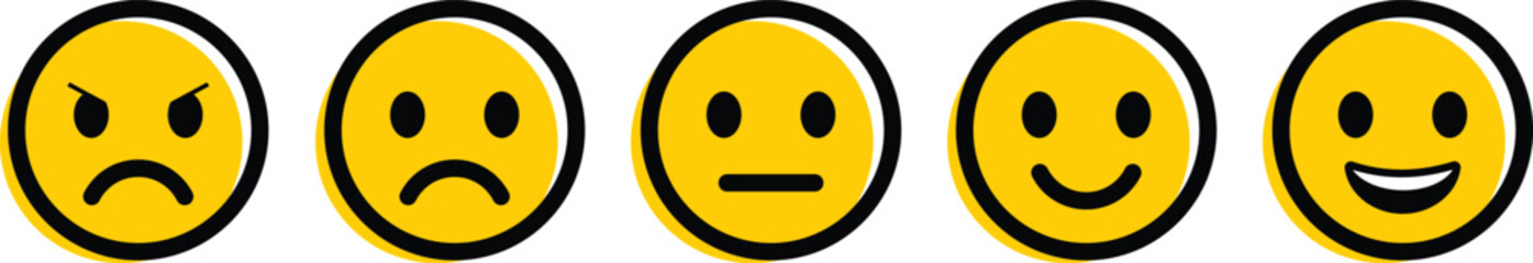 Feedback emoticons emojis icon set. Happy, neutral, sad, emoji, vectors. Customer satisfaction rating scale with good and bad emotions isolated on transparent background.
