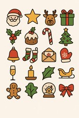 Fototapeta premium Classic Christmas icons set pattern with gingerbread man, Santa hat, gifts, stockings, candy cane, Christmas tree, snowflakes, wreath and festive symbols on cream background