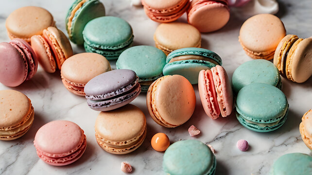 French macaroons, a vibrant and delicious dessert, are beautifully arranged on a rustic wooden surface