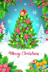 Watercolor Christmas card with a brightly decorated Christmas tree and Christmas decorations on the winter background of the forest