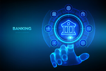 Bank. Online banking service application. Money transaction, e-commerce. Finance and banking global internet connection. Financial transaction. API Fintech. Hand touching digital interface. Vector.