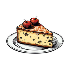 Slice of cherry pie with fruit bits on plate in hand-drawn style for seasonal menus and retro food content - concept of nostalgia and homemade desserts