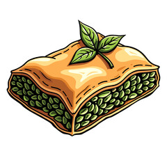 Slice of green pistachio baklava with mint leaves in color vector style for Middle Eastern branding and gourmet packaging - concept of culture and luxury dessert