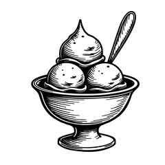 Ice cream sundae in engraved sketch style with spoon for cafe menus and retro dessert packaging - concept of indulgence and cafe culture