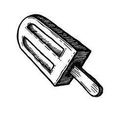 Engraved ice cream bar with bite taken out in vintage sketch style for nostalgic branding and print materials - concept of summer and classic desserts